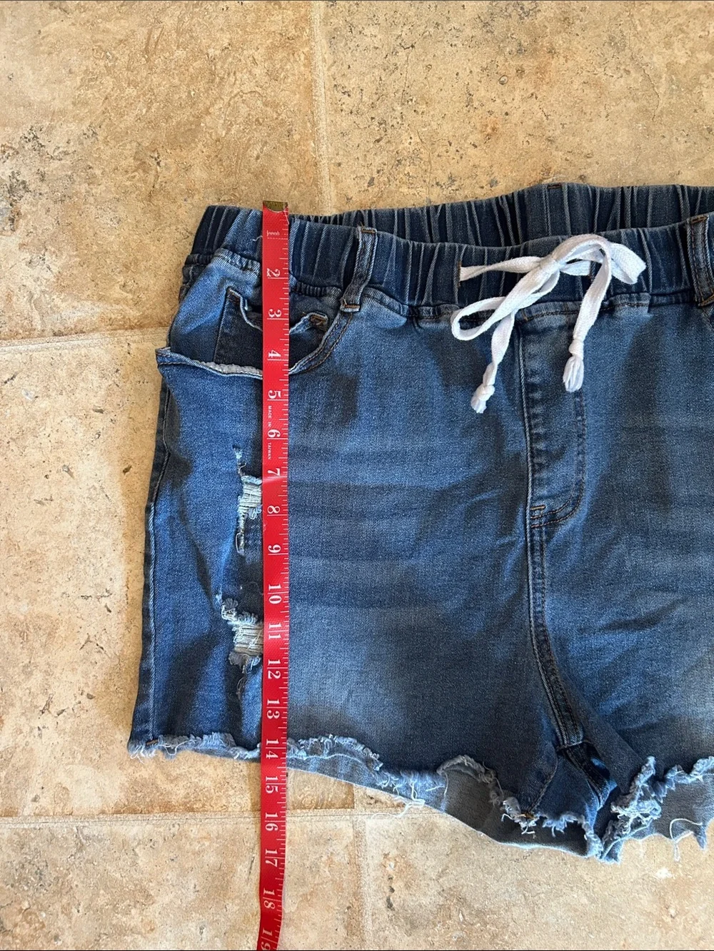 SHEIN Dark Blue Distressed Drawstring Jean Shorts